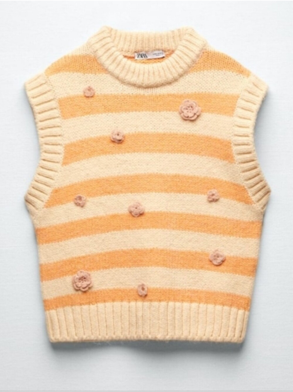 ZARA Knit Vest Embroidered Flower Detail 4331/019 cream Orange Stripes Sz S